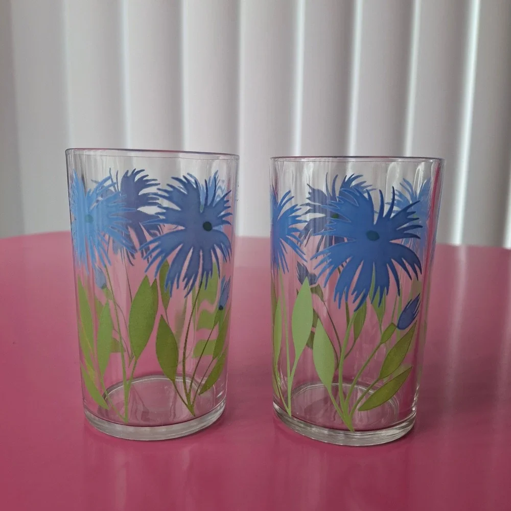 Vintage Swanky Swigs Blue‎ Cornflower Floral Juice Glasses Set of 2 Kraft MCM
